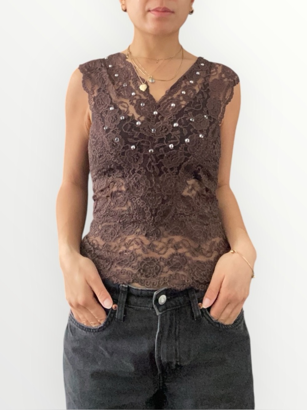 Vintage Chado Brown Lace Embellished V-Neck Sleeveless Camisole Top Size S